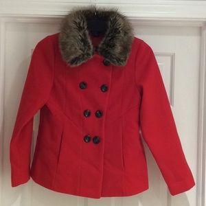 Beautiful Girl’sFur Lined Collar Red Pea Coat - Lg